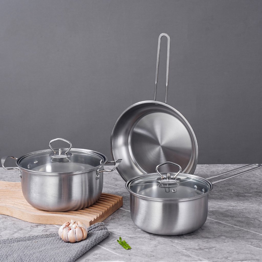 Multifunctional 18+22+24 cm Nonstick Cookware Set All-Steel Handle Kitchen Pot and Pan with Glass Cover for Frying for Cooking