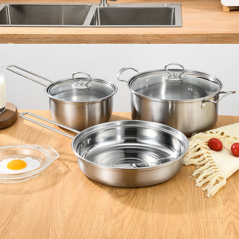 Multifunctional 18+22+24 cm Nonstick Cookware Set All-Steel Handle Kitchen Pot and Pan with Glass Cover for Frying for Cooking