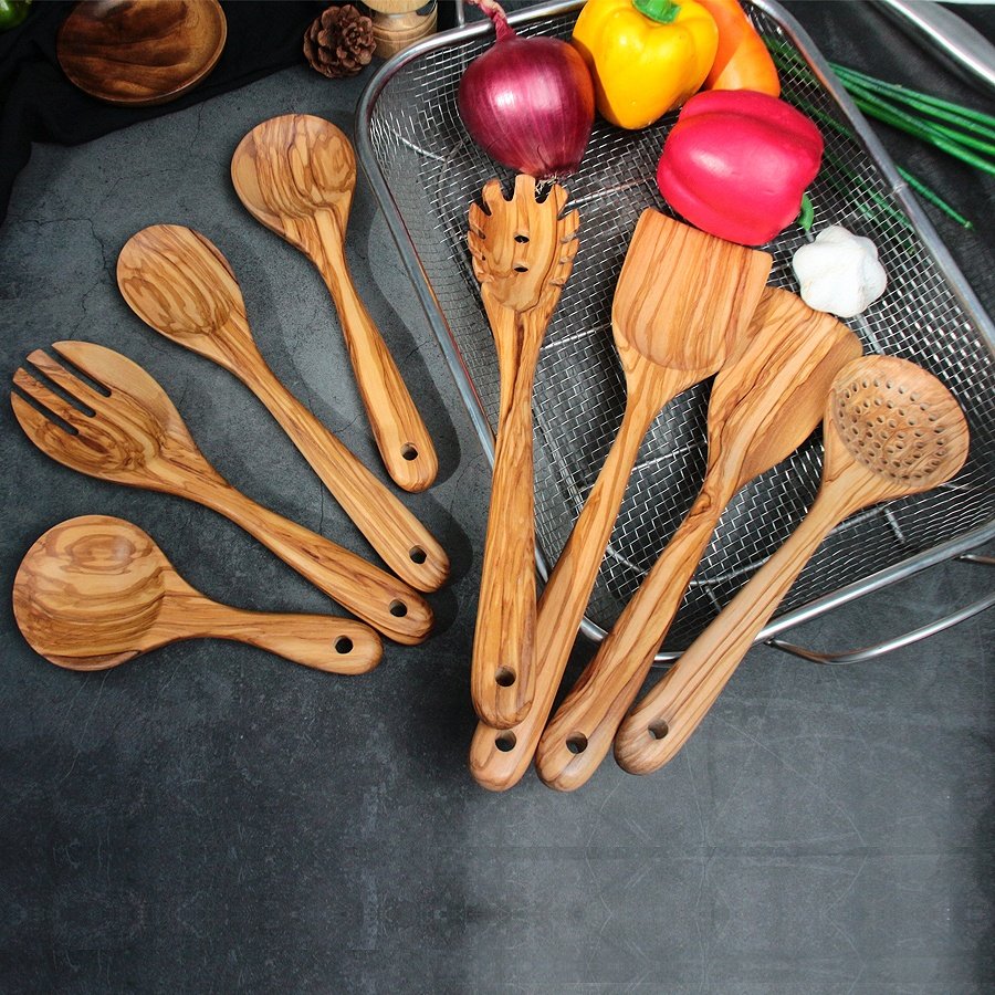 Luxury wood cooking kitchen tools & gadgets wooden spoon olive wood cooking utensils kitchen utensils set
