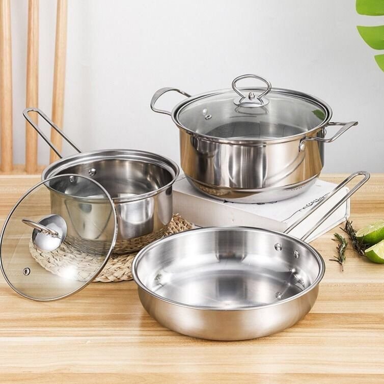 Factory Price Stainless Steel Flat Frying Pan Non Stick Cooking Pot Stainless Steel Cookware Set