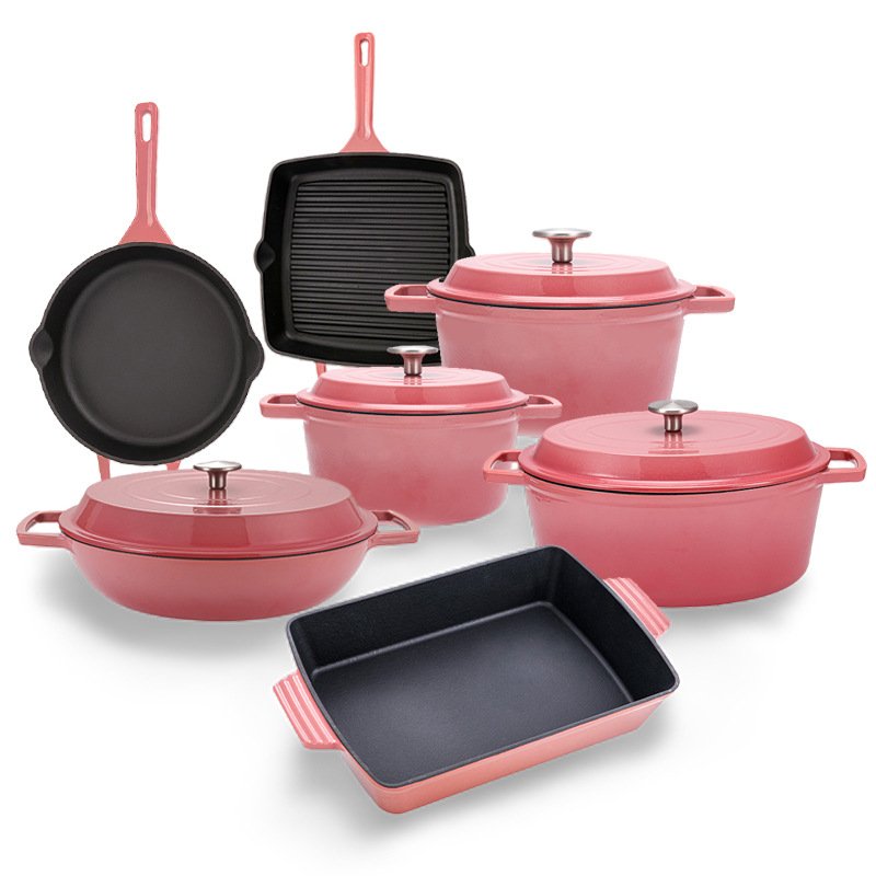 Enameled Cast Iron Cookware Set Non-Stick Ceramic Coated Cast Iron Skillet Saucepan and Dutch Oven and Oven Safe Army Pink