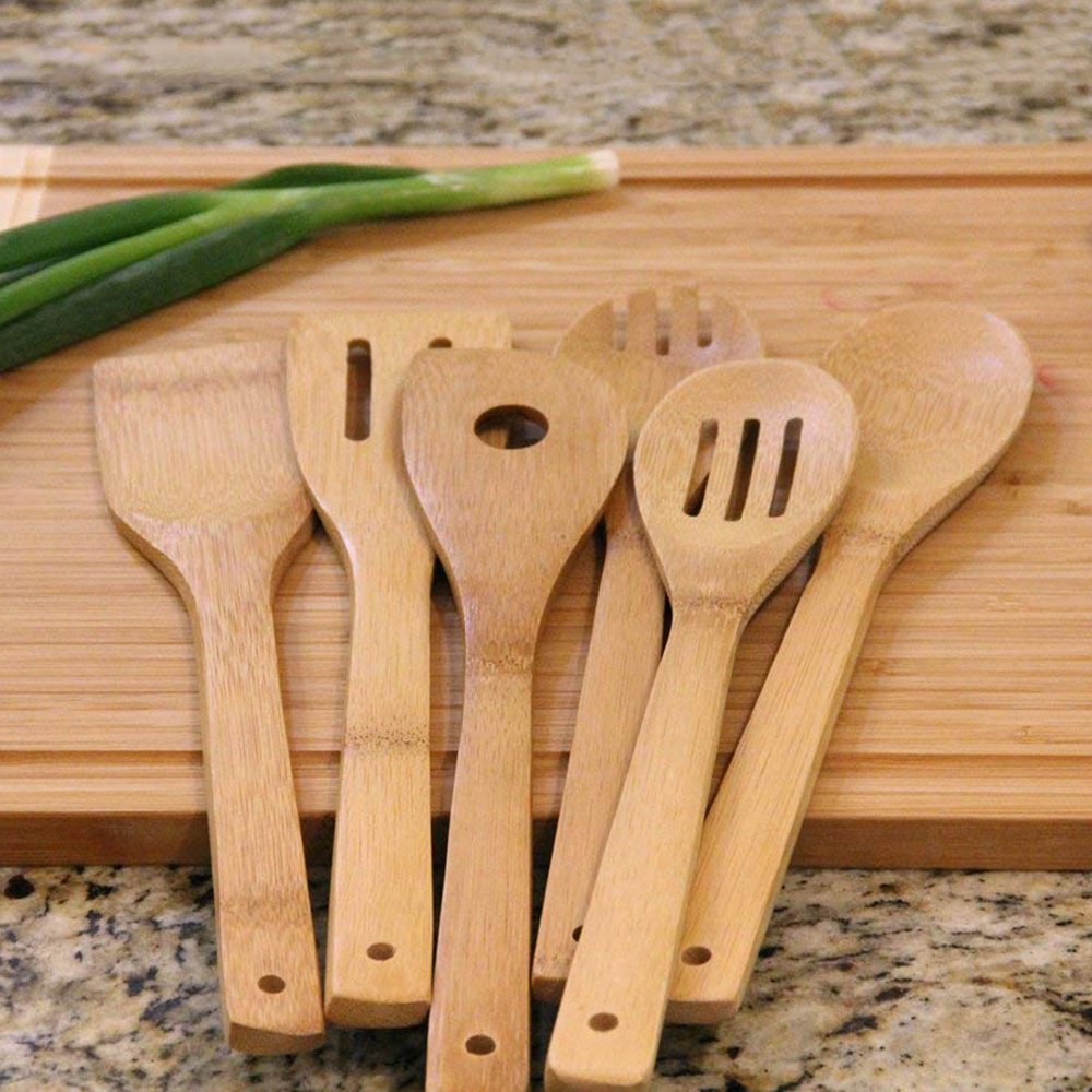 Wanuocraft Eco friendly Kitchen Accessory Bamboo Spatula Spoon 6 Pieces Cooking Tool Cookware Set