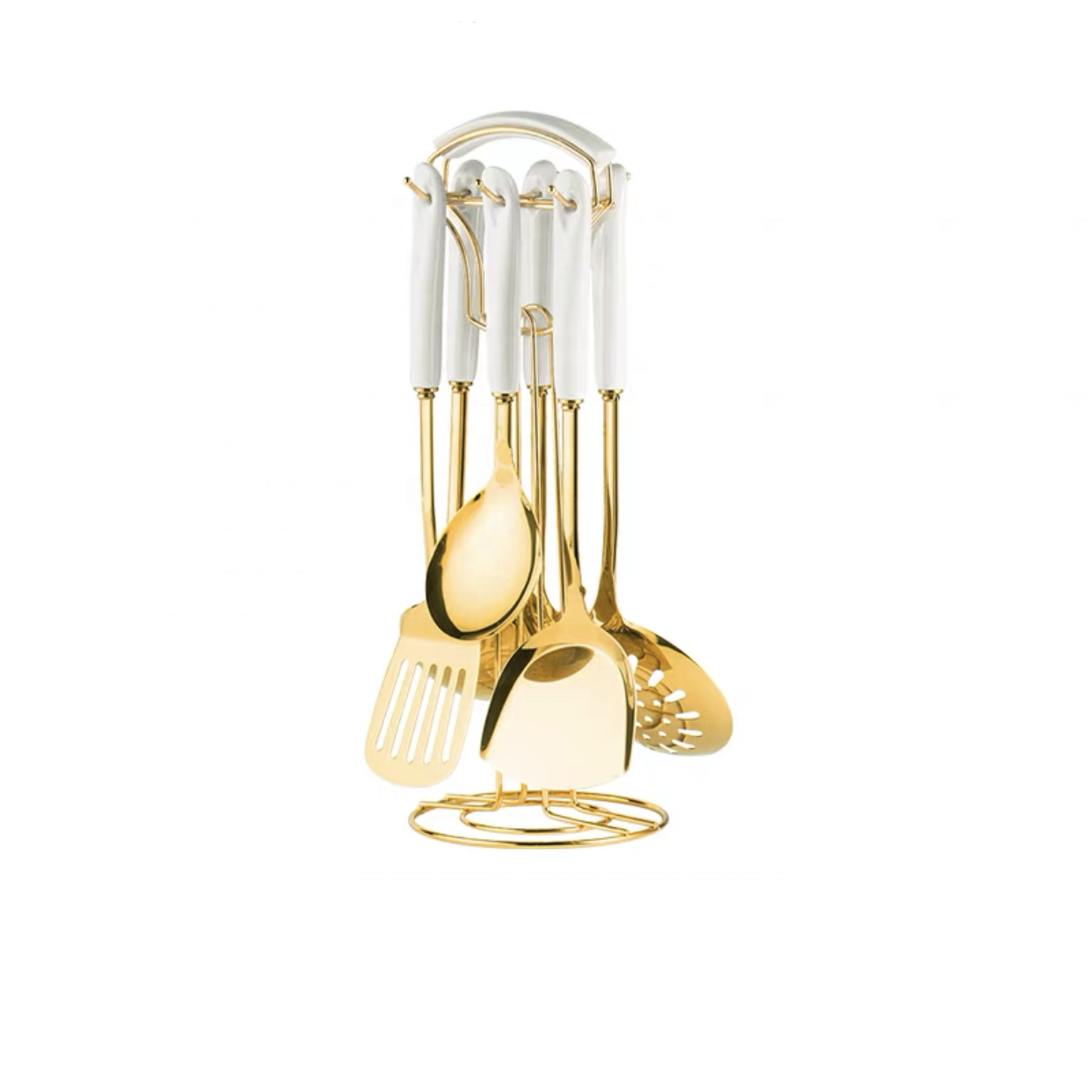 New arrive high quality stainless steel kitchenware set gold plated cookware with ceramic handle utensil soup ladle spatula set
