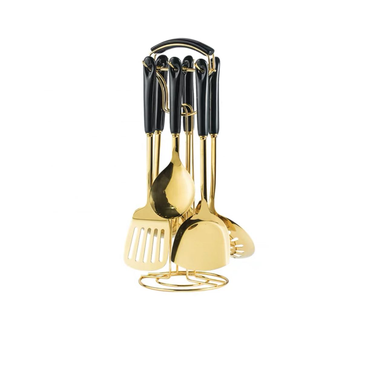 New arrive high quality stainless steel kitchenware set gold plated cookware with ceramic handle utensil soup ladle spatula set