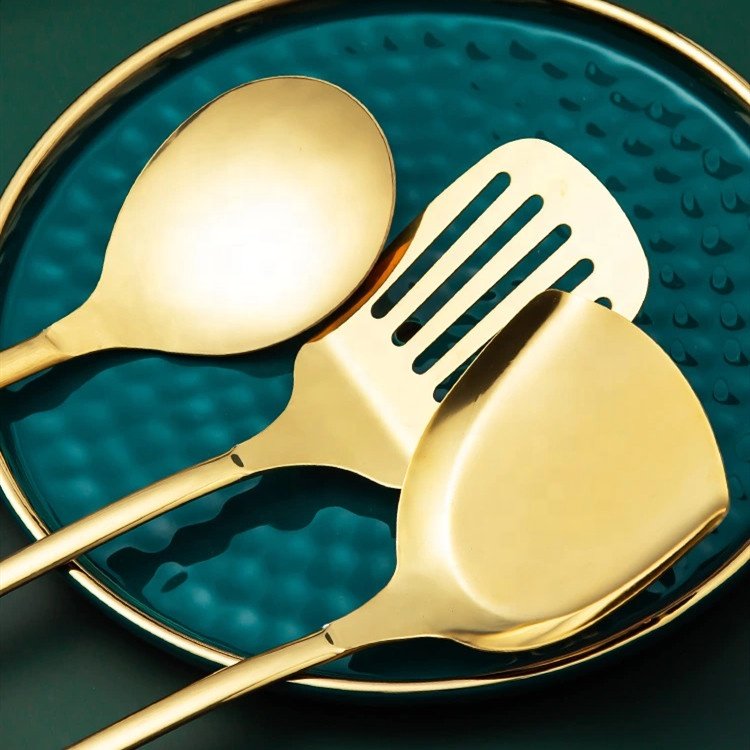 New arrive high quality stainless steel kitchenware set gold plated cookware with ceramic handle utensil soup ladle spatula set