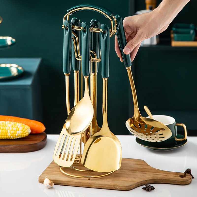 New arrive high quality stainless steel kitchenware set gold plated cookware with ceramic handle utensil soup ladle spatula set