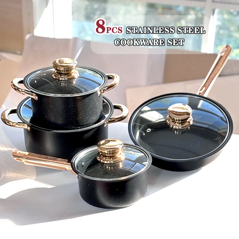 Household kitchenware 8pcs casserole stainless steel pots soup pot and pan set marmites inox pot