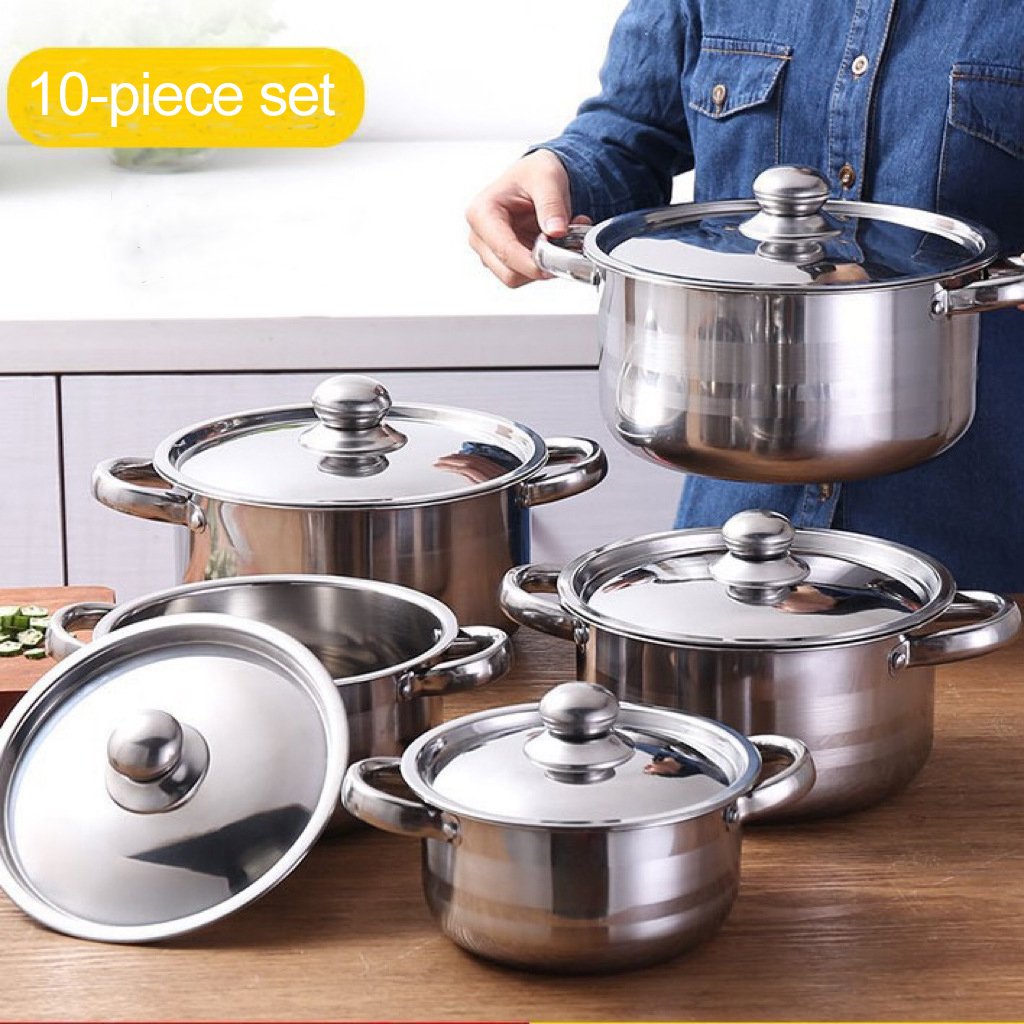 10 Piece Basic Stainless Steel Pots Home Kitchen Cookware Sets for Gas Electric Halogen Ceramic Induction Hobs