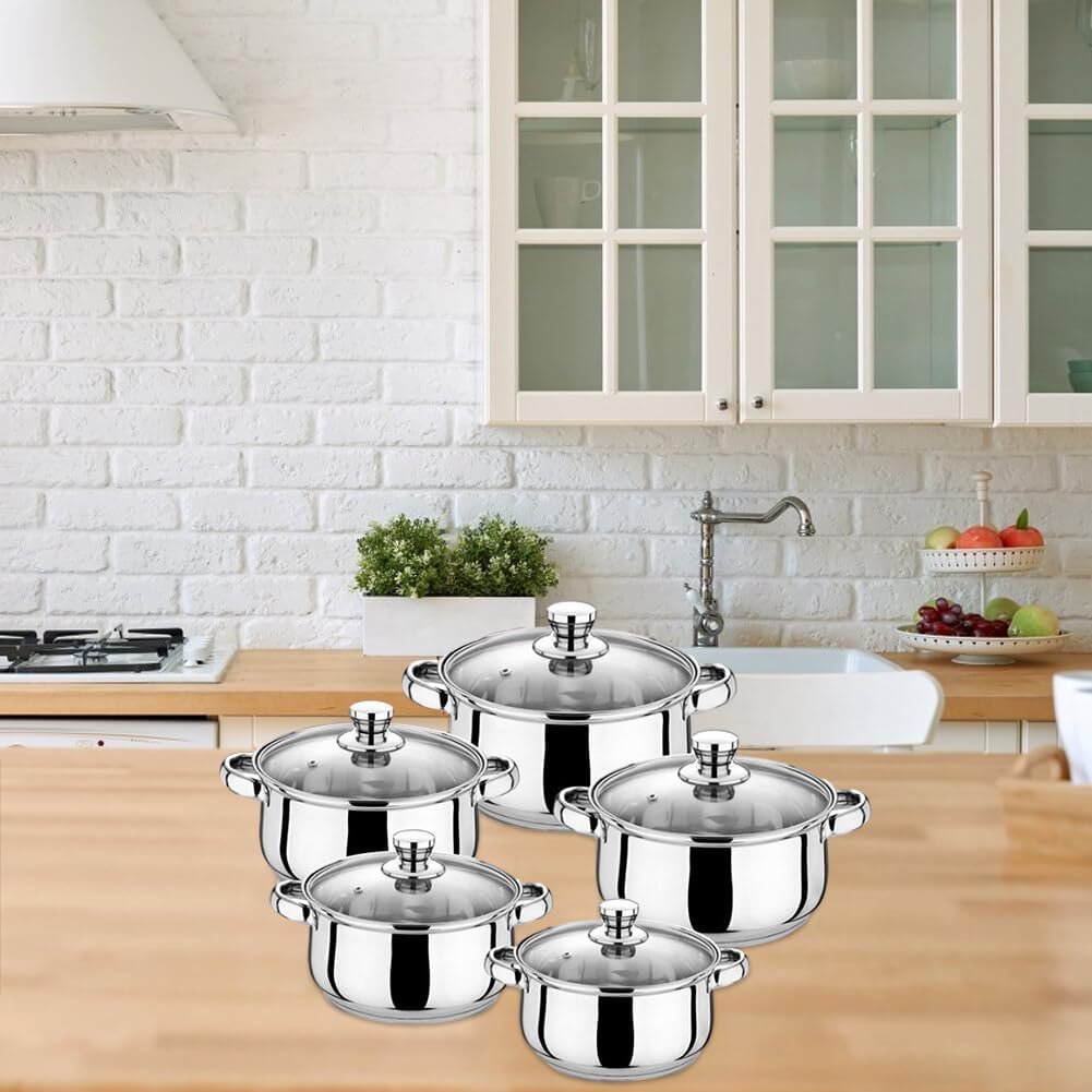 10 Piece Basic Stainless Steel Pots Home Kitchen Cookware Sets for Gas Electric Halogen Ceramic Induction Hobs