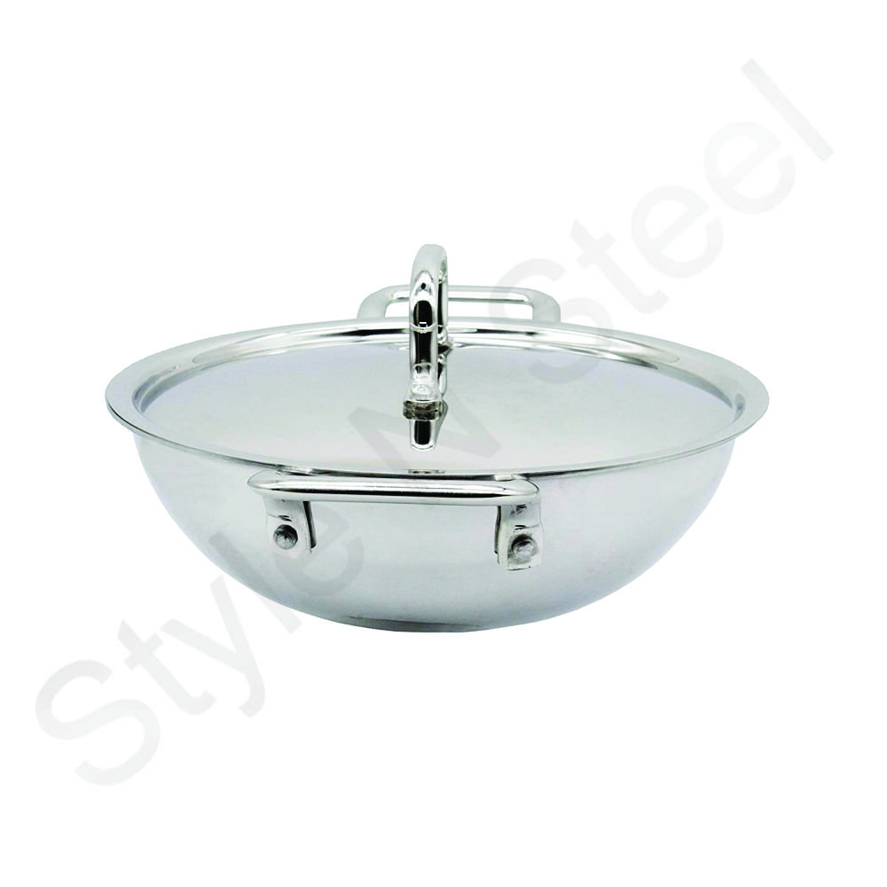 stainless steel Kadai With Lid Cover Triply Cookware Set Tri-Ply Dinnerware Items Stainless Steel kitchenware wood handle