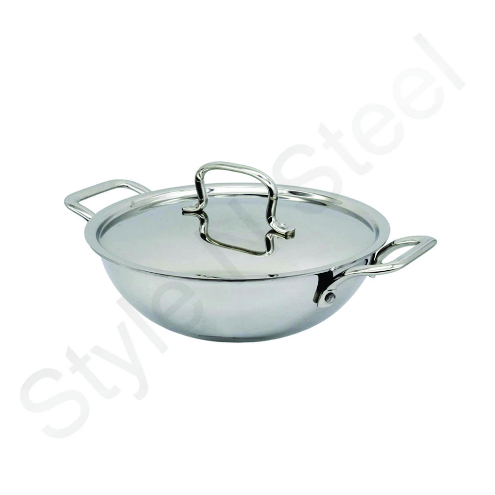 stainless steel Kadai With Lid Cover Triply Cookware Set Tri-Ply Dinnerware Items Stainless Steel kitchenware wood handle