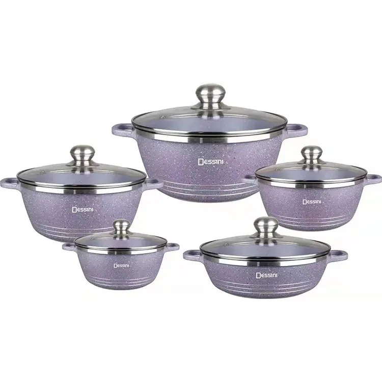 10 PCS Non Stick Soup Cooking Pots Marble Fry Pan Die Cast Aluminum Casserole Cookware Set