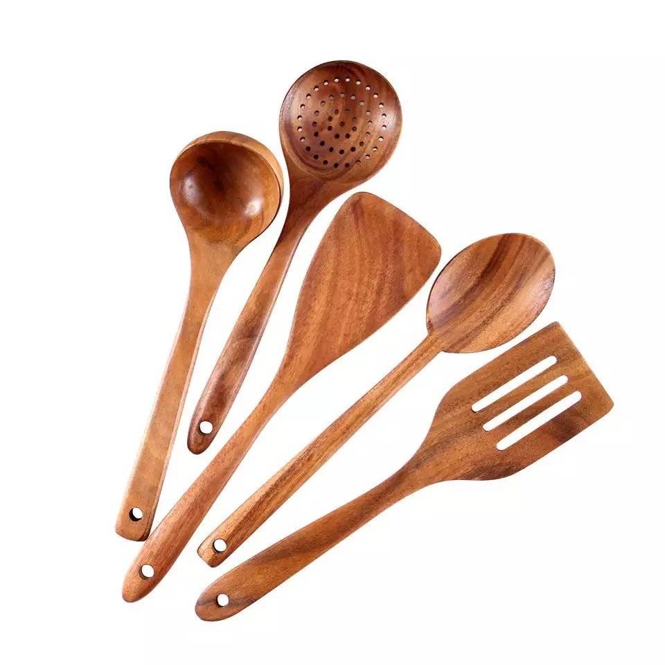 Best Hot Selling Healthy 6pcs Teak Wood Cooking Utensils Storage Holder Durable Eco-friendly Wooden Cooking Utensils Set