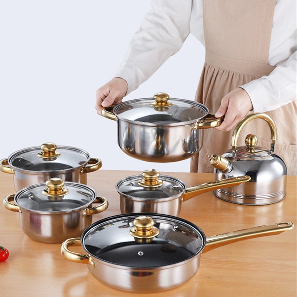 6Pcs Stainless Steel Cookware Sets Water Bottle Home Cooking Pots and Pans with Wood Handle