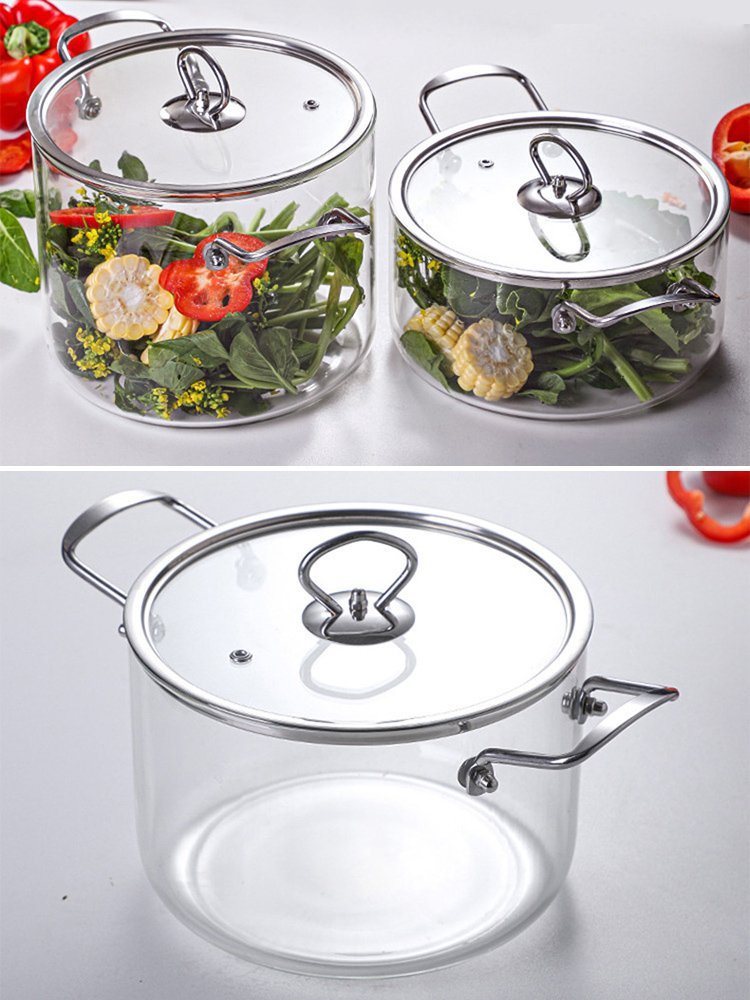 Hot Sale High Quality New Design Borosilicate Clear Glass Cooking Pot Cookware Set with Wooden Handles