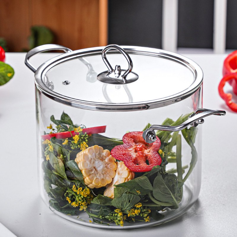 Hot Sale High Quality New Design Borosilicate Clear Glass Cooking Pot Cookware Set with Wooden Handles