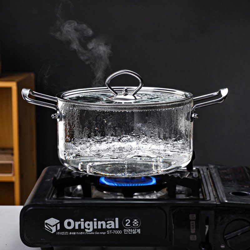 Hot Sale High Quality New Design Borosilicate Clear Glass Cooking Pot Cookware Set with Wooden Handles