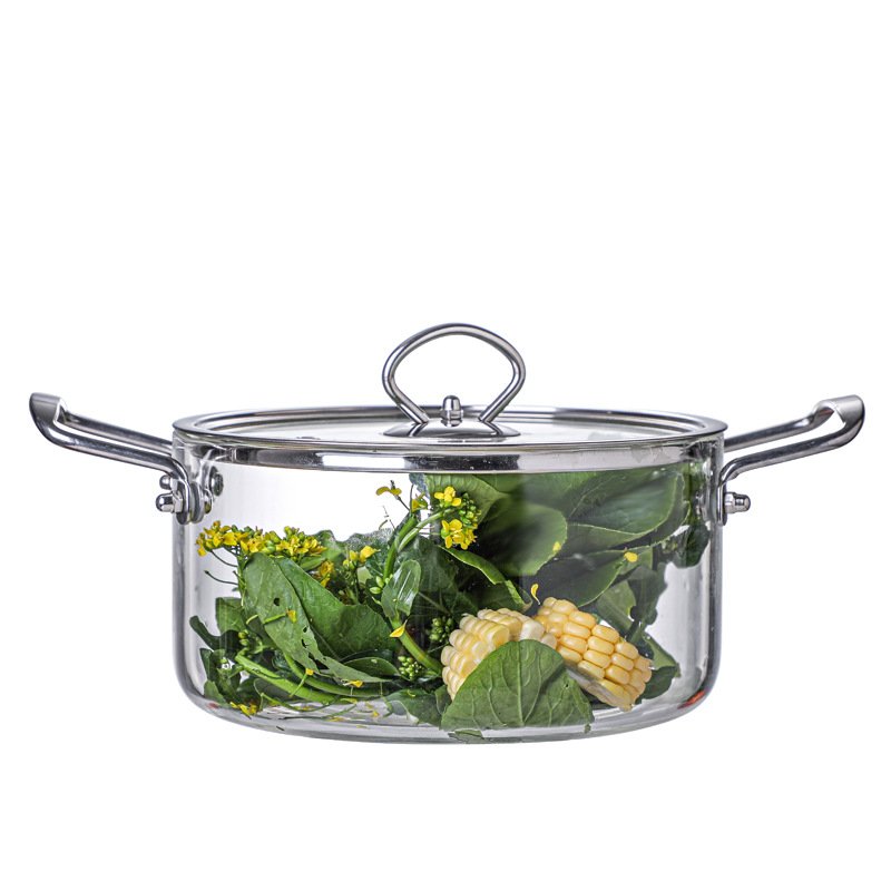 Hot Sale High Quality New Design Borosilicate Clear Glass Cooking Pot Cookware Set with Wooden Handles