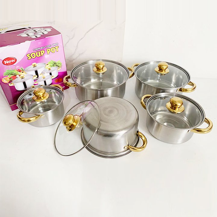 Factory Wholesale 10pcs Stainless Steel Gold handle Soup Pots Cooking Pots Milk Pots And Pans casserole Kitchen Cookware Sets