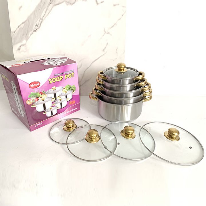 Factory Wholesale 10pcs Stainless Steel Gold handle Soup Pots Cooking Pots Milk Pots And Pans casserole Kitchen Cookware Sets