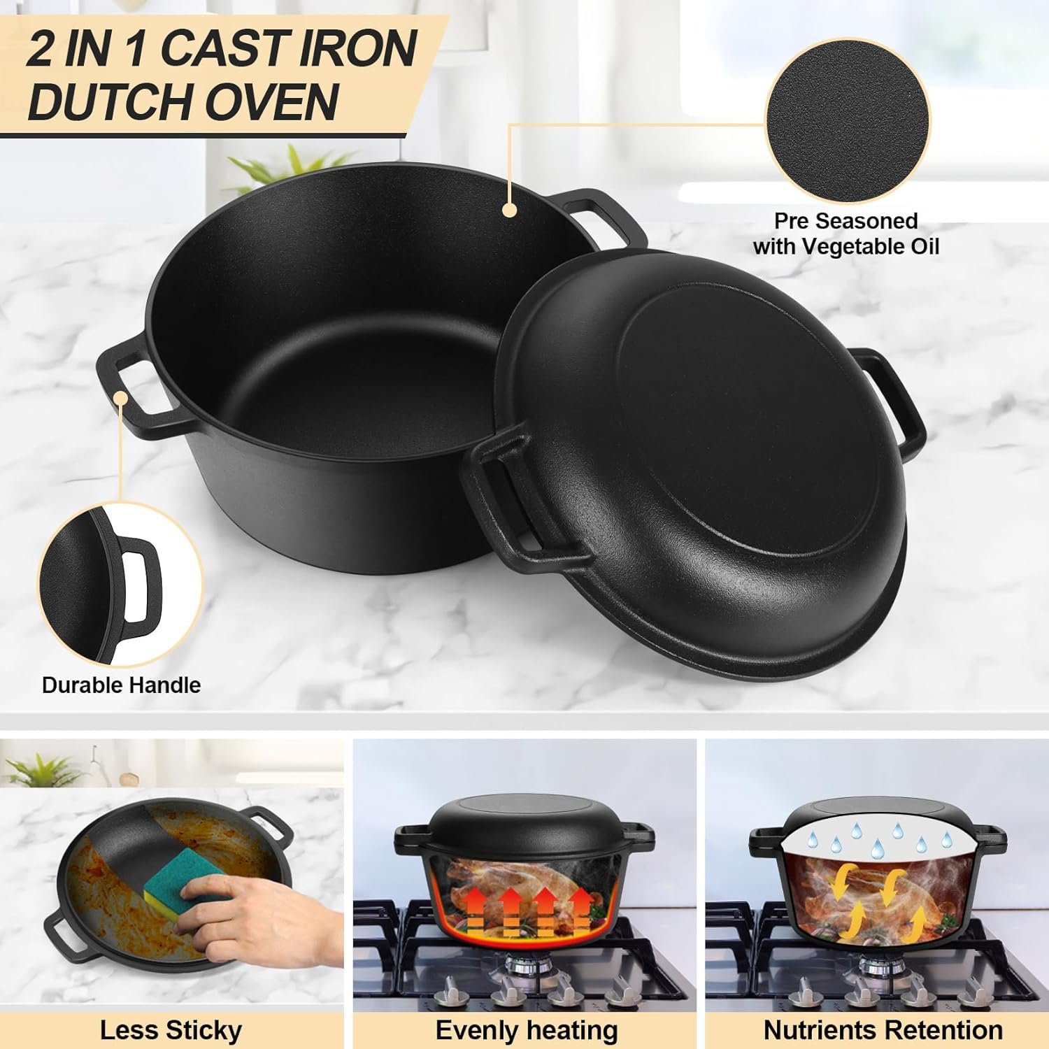 Custom multifunctional cast iron casserole skillet 2-in-1 Safe outdoor kitchen pan with pre-seasoned black Dutch oven pots 26cm