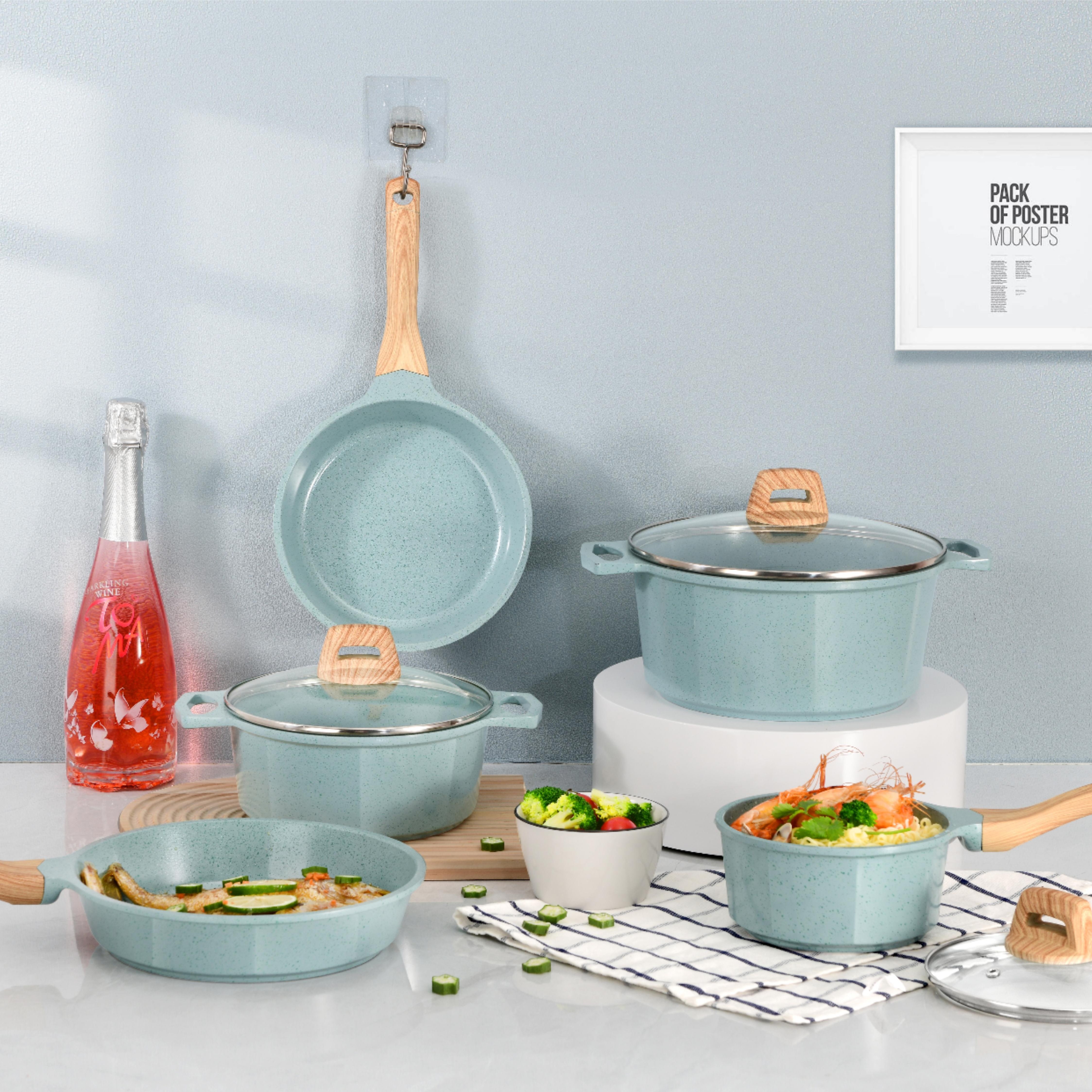 ECO Friendly Die Cast Aluminum Induction Bottom Nonstick Coating Soup Pots Frying Pan Cookware Set
