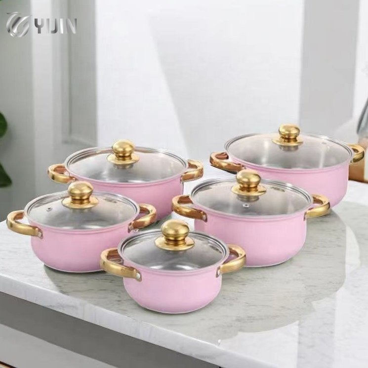 Wholesale Gold handle 10pcs Cooking Soup Pots Stainless Steel Cookware Set with Glass Lid