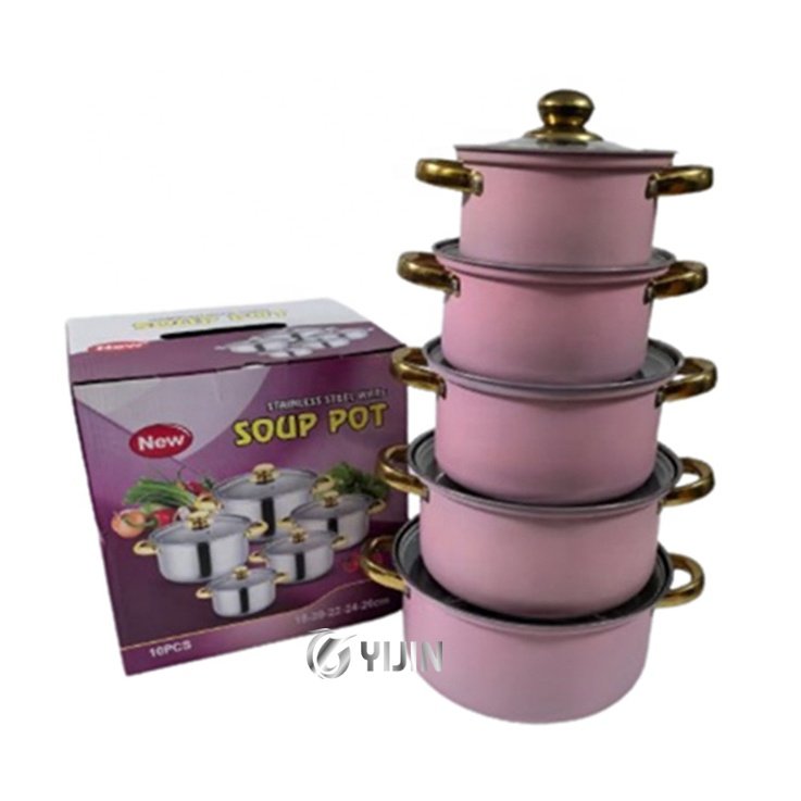 Wholesale Gold handle 10pcs Cooking Soup Pots Stainless Steel Cookware Set with Glass Lid