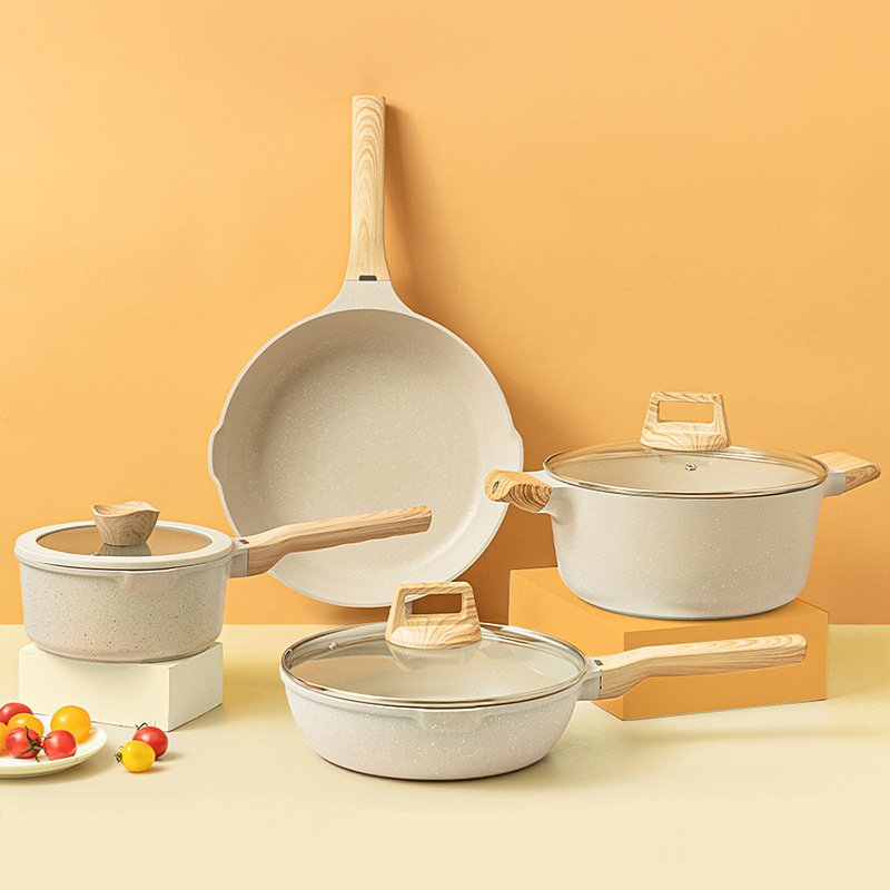 12 pcs Nonstick Pots And Pans Anti-Scald Wooden Handle Kitchen Aluminum Cooking Pot Set With Glass lid And Shovel