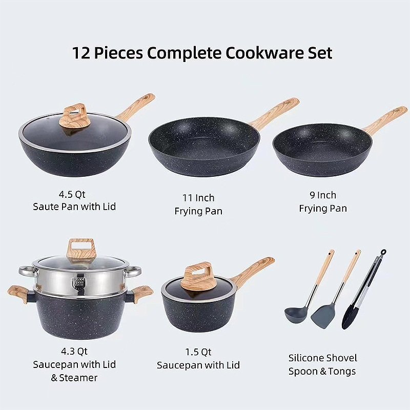 12 pcs Nonstick Pots And Pans Anti-Scald Wooden Handle Kitchen Aluminum Cooking Pot Set With Glass lid And Shovel