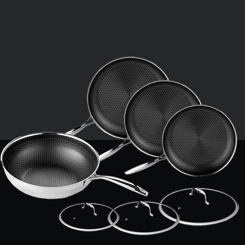 7 pc HexClad Hybrid Cookware Set w/ Lids Stainless Steel Wok Kitchenware 3-ply Stainless Steel Honeycomb Non Stick Wok Pan