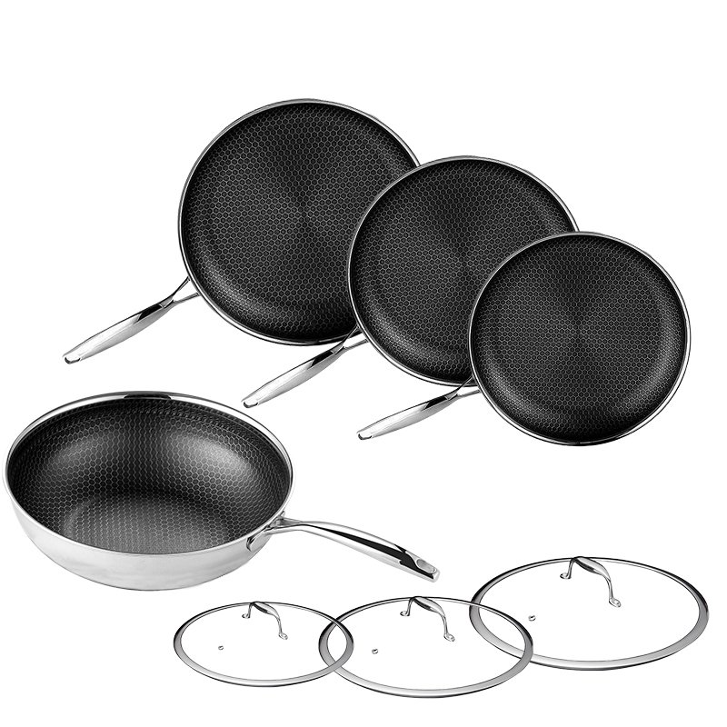 7 pc HexClad Hybrid Cookware Set w/ Lids Stainless Steel Wok Kitchenware 3-ply Stainless Steel Honeycomb Non Stick Wok Pan