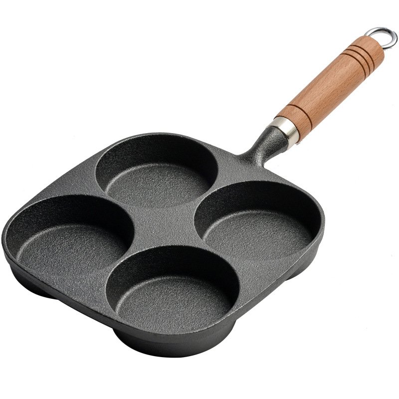 Non-stick Cast Iron Fried Egg Pan 4 Holes Omelette Burger Baking Pan for Quick Breakfast Cooker Thickened Pie and Bacon Burner