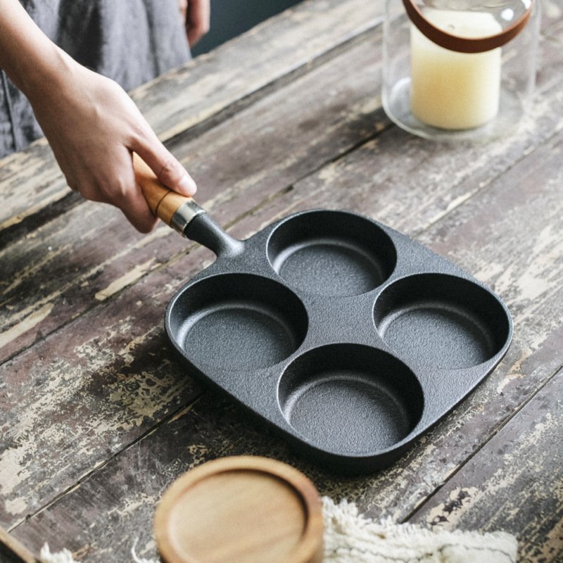 Non-stick Cast Iron Fried Egg Pan 4 Holes Omelette Burger Baking Pan for Quick Breakfast Cooker Thickened Pie and Bacon Burner