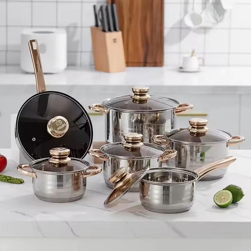 High Quality Cookware Set Customized logo 12pcs kitchen ware casserole&saucepan stainless steel cooking pot cookware set