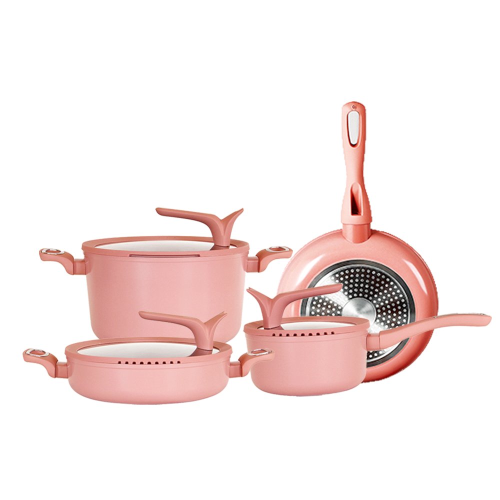 2024 Non Stick Cookware Set Non Stick Granite Pans Cast Iron Aluminum Cookware Set pink
