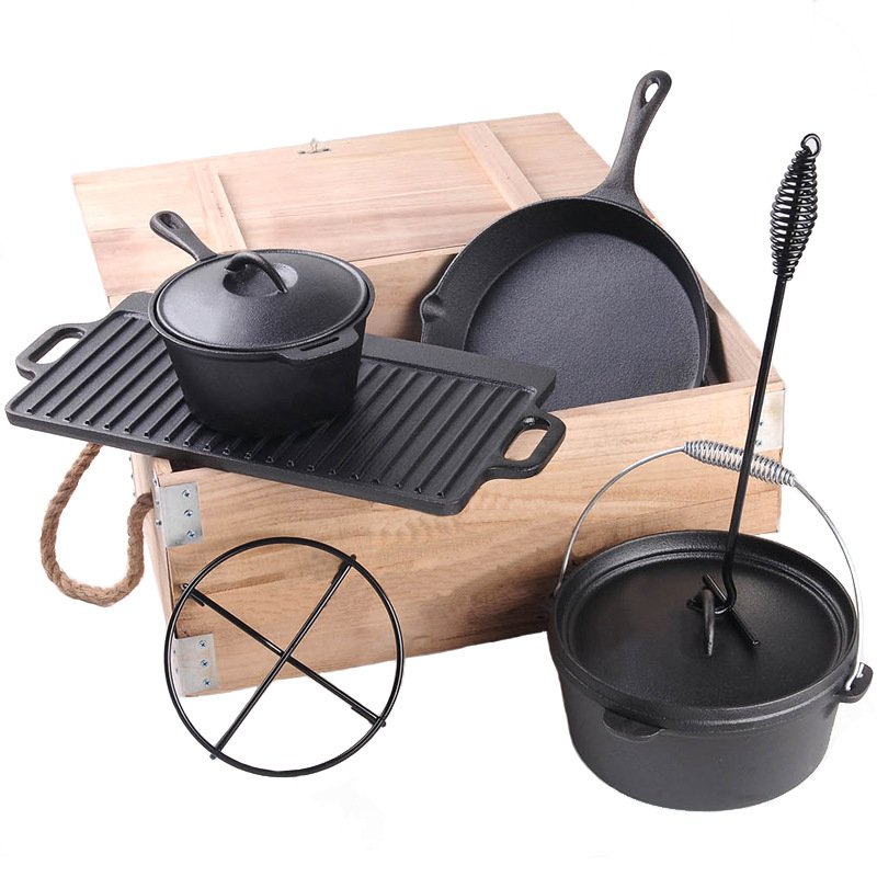 Hot selling camping cooking pot sets 7 pieces cast iron dutch oven outdoor cast iron cookware set with wooden case