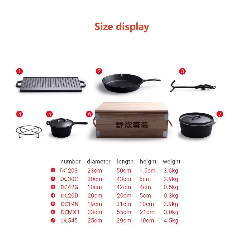 Hot selling camping cooking pot sets 7 pieces cast iron dutch oven outdoor cast iron cookware set with wooden case
