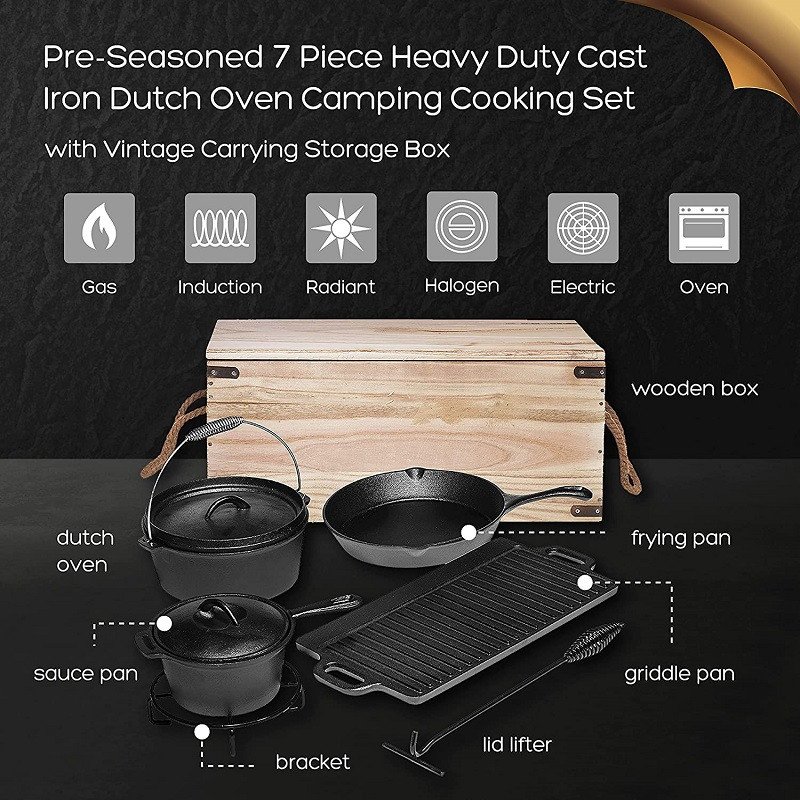 Hot selling camping cooking pot sets 7 pieces cast iron dutch oven outdoor cast iron cookware set with wooden case