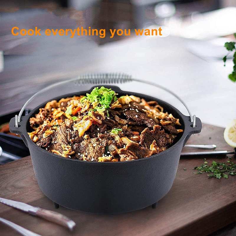 Hot selling camping cooking pot sets 7 pieces cast iron dutch oven outdoor cast iron cookware set with wooden case