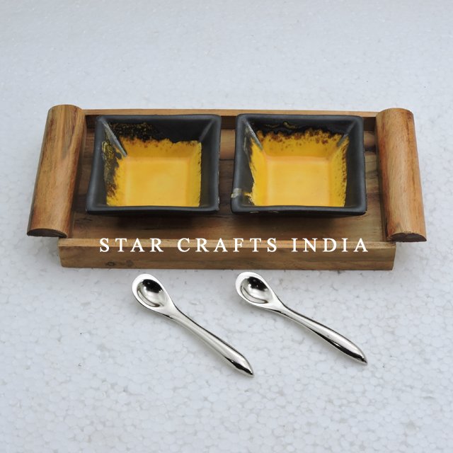 Enamel Printed Bowl Dinnerware Wooden Serving Tray with 2 Bowl set & 2 Spoons set lunch box cookware sets