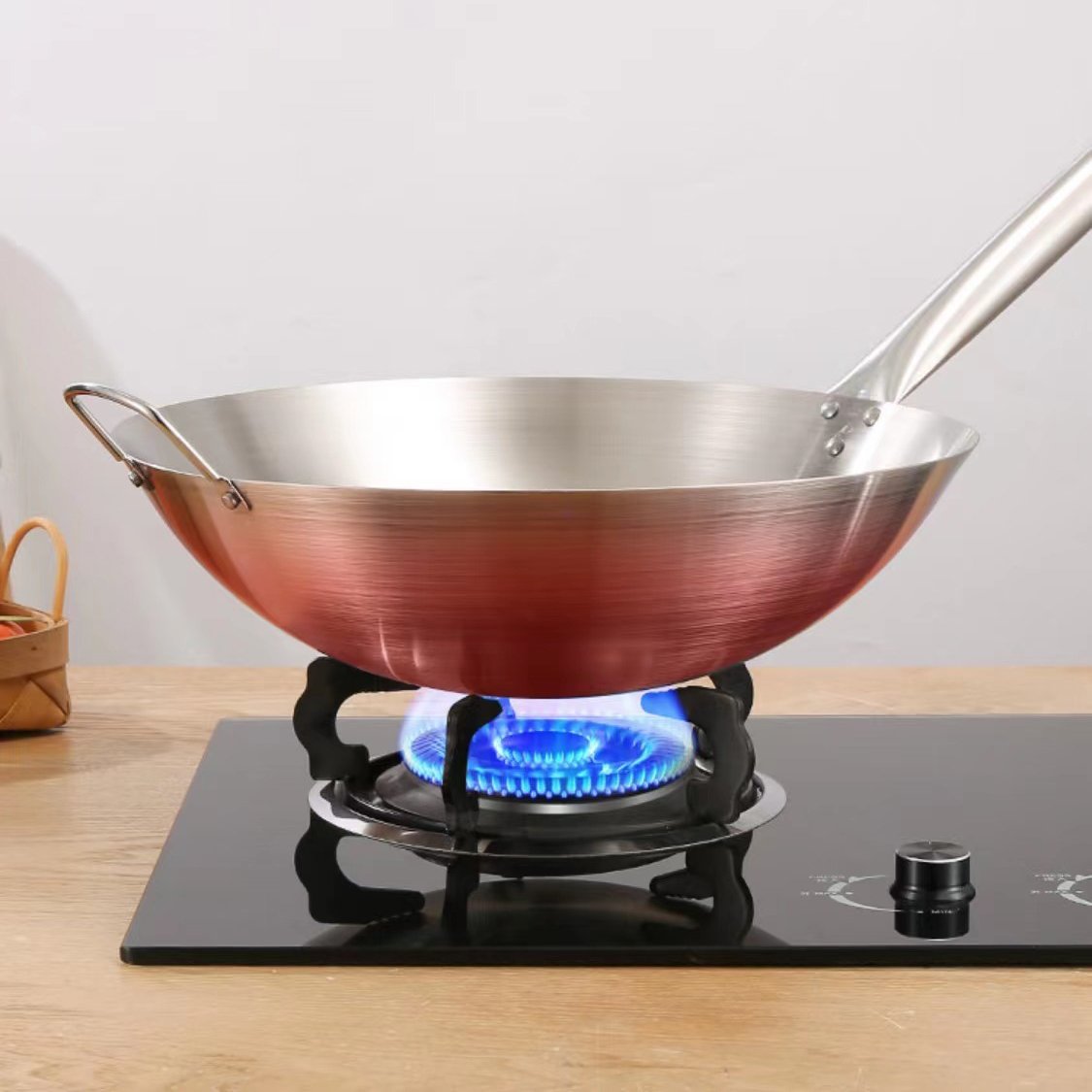 Cookware set Restaurant Hotel Equipment Wok Gas Cooker Stainless Steel Wok Burner With Wooden Handle Non Stick Pan
