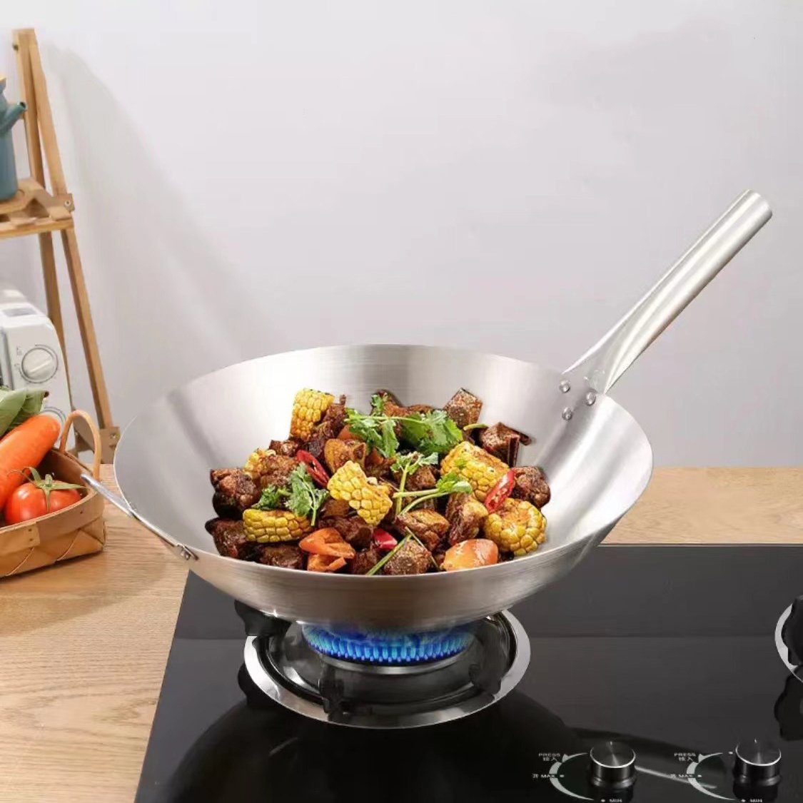 Cookware set Restaurant Hotel Equipment Wok Gas Cooker Stainless Steel Wok Burner With Wooden Handle Non Stick Pan