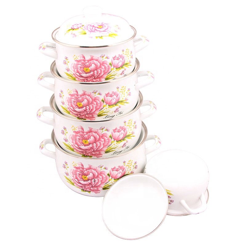 5 PCS Carbon Steel Enamel Kitchenware Casserole Sets Cookware Set Stock With Custom Decal