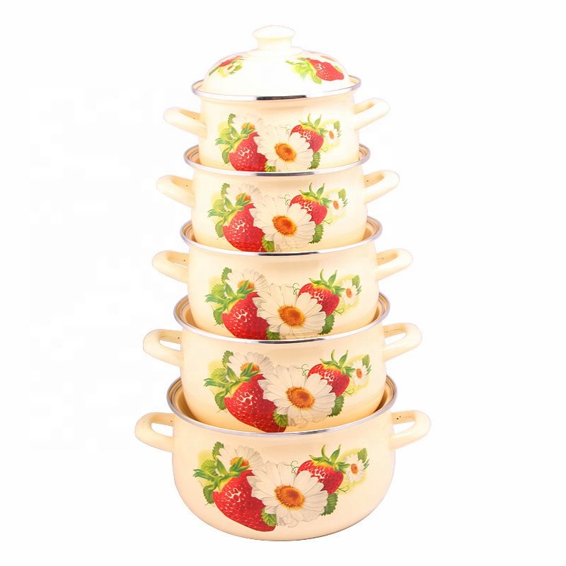 5 PCS Carbon Steel Enamel Kitchenware Casserole Sets Cookware Set Stock With Custom Decal
