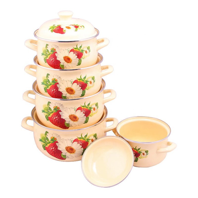 5 PCS Carbon Steel Enamel Kitchenware Casserole Sets Cookware Set Stock With Custom Decal