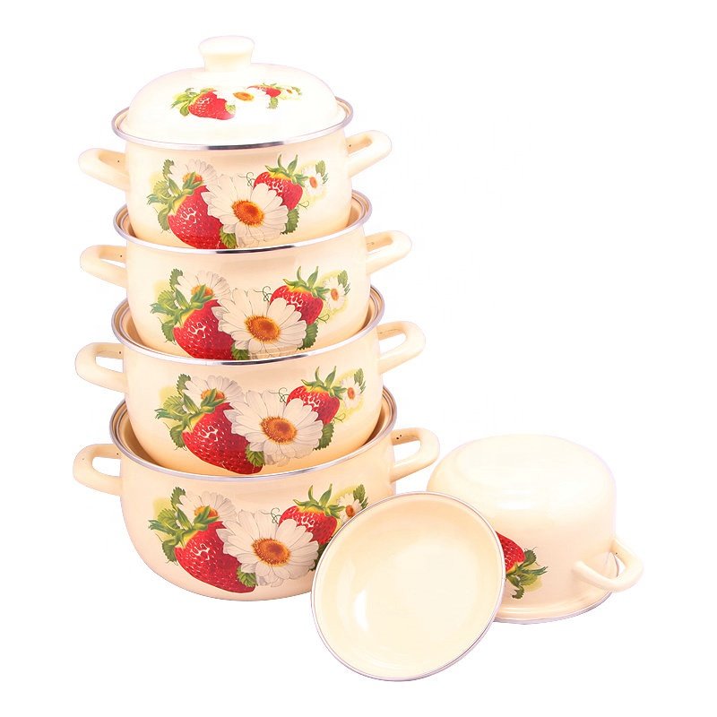 5 PCS Carbon Steel Enamel Kitchenware Casserole Sets Cookware Set Stock With Custom Decal
