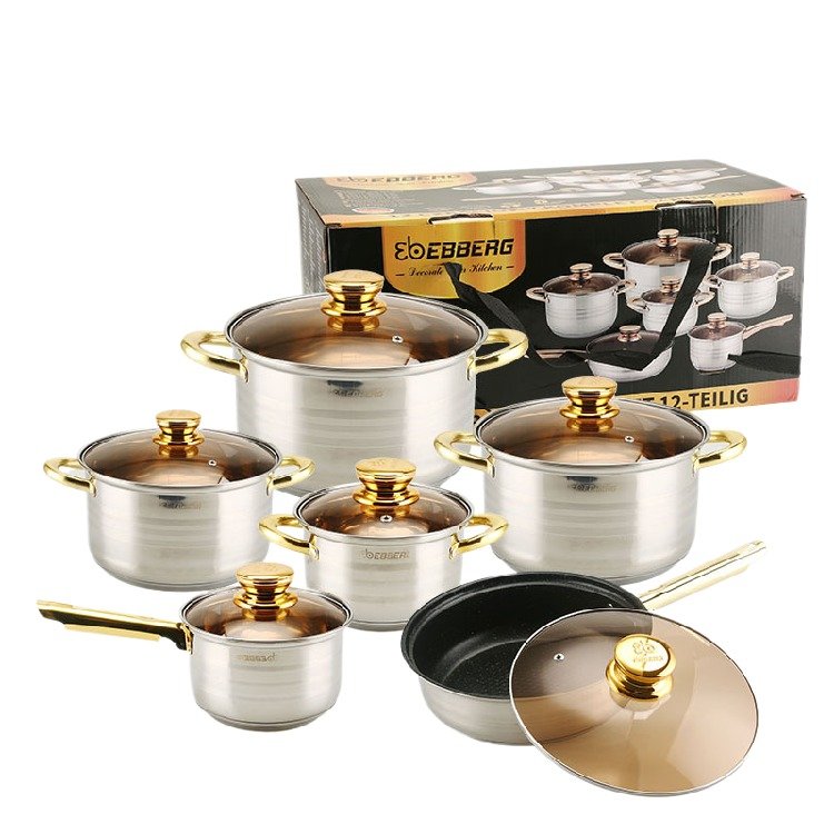 Wholesale 12pcs Stainless Steel Cookware Sets NonStick Soup Pot Milk Pan Frying Pan 5Ply Bottom for Southeast Asia