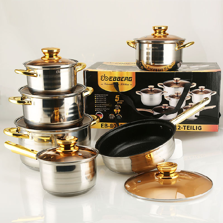 Wholesale 12pcs Stainless Steel Cookware Sets NonStick Soup Pot Milk Pan Frying Pan 5Ply Bottom for Southeast Asia