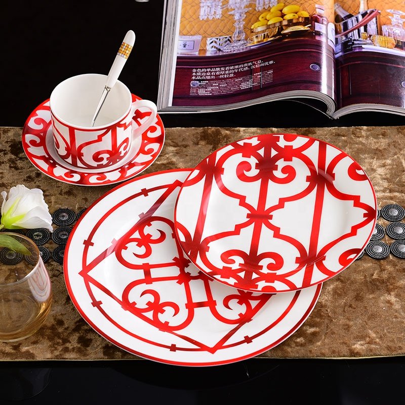 Hot Selling 58 Pcs Nordic Red Railing Patterns Paper-cut Art Dining Room Sets Porcelain Dinnerware Sets